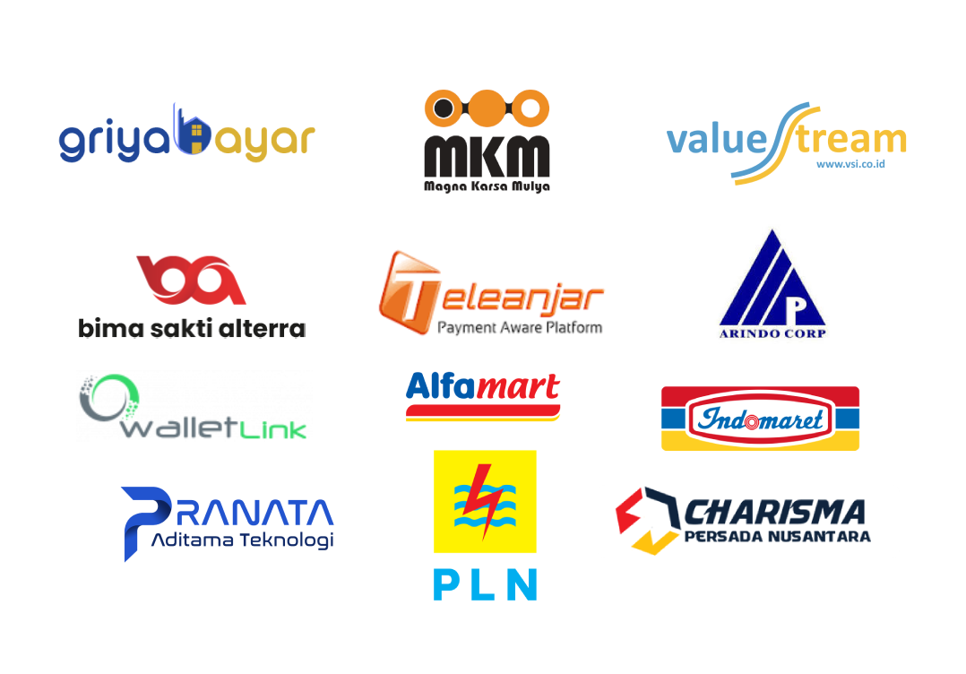 Logo mitra PPOB: Griya Bayar, MKM, ValueStream, Bima Sakti Alterra, Teleanjar, Arindo Corp, WalletLink, Alfamart, Indomaret, Pranata Aditama Teknologi, PLN, dan Charisma Persada Nusantara