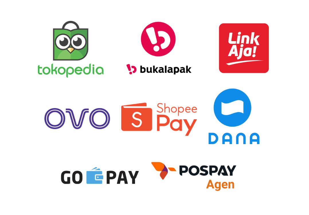 Logo mitra e-commerce dan e-wallet: Tokopedia, Bukalapak, LinkAja, OVO, ShopeePay, DANA, GoPay, dan Pospay Agen